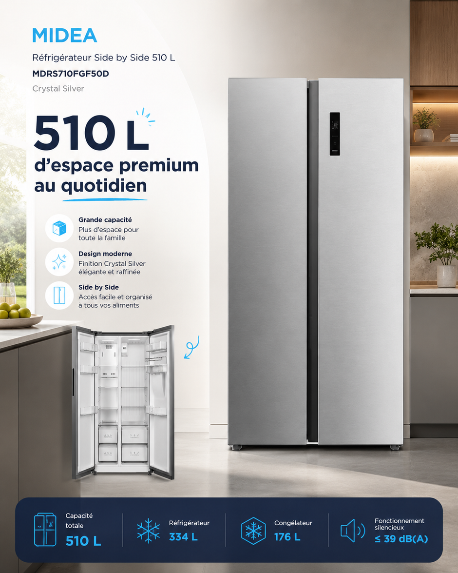MIDEA Réfrigérateur Side by Side 510 L Crystal Silver – MDRS710FGF50D