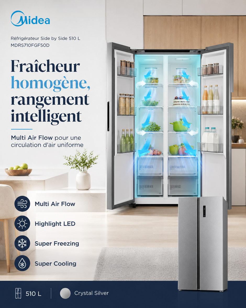 MIDEA Réfrigérateur Side by Side 510 L Crystal Silver – MDRS710FGF50D