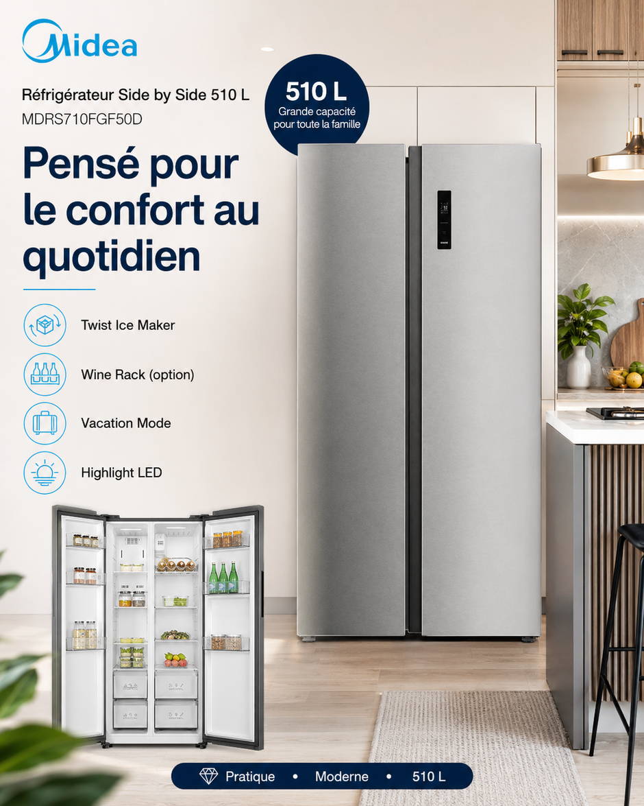 MIDEA Réfrigérateur Side by Side 510 L Crystal Silver – MDRS710FGF50D