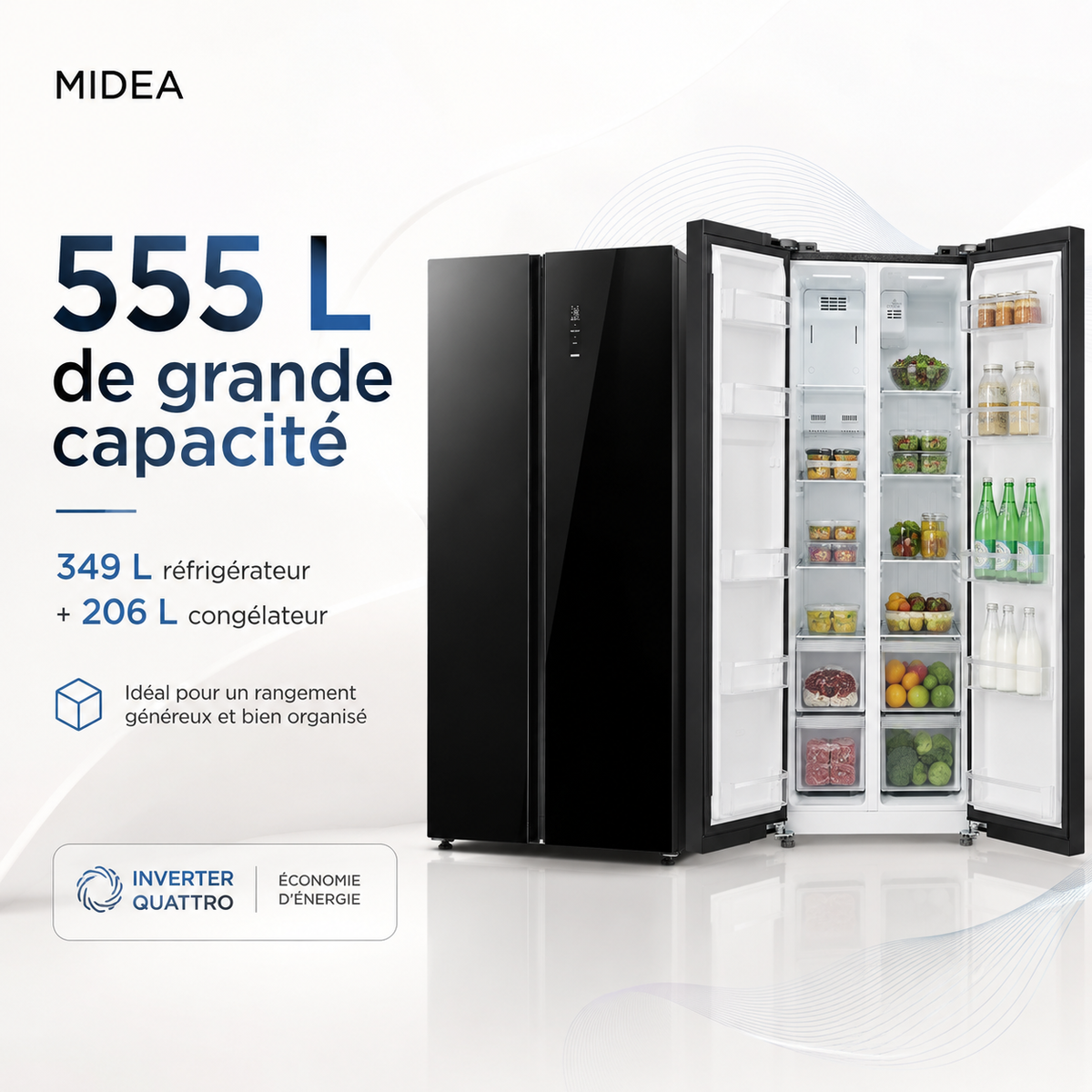 MIDEA Réfrigérateur Américain Side by Side 555 L Noir Miroir – Inverter Quattro – MDRS710FGF63