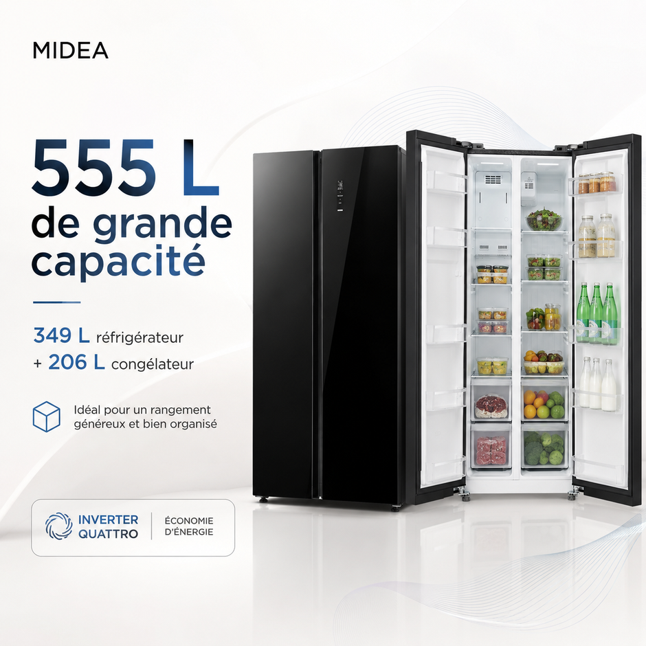 MIDEA Réfrigérateur Américain Side by Side 555 L Noir Miroir – Inverter Quattro – MDRS710FGF63