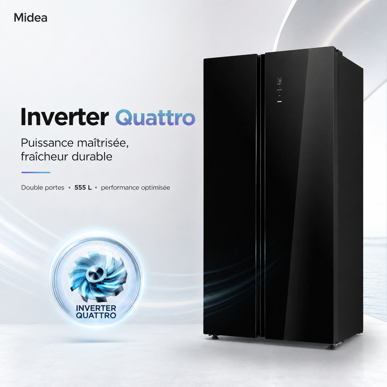 MIDEA Réfrigérateur Américain Side by Side 555 L Noir Miroir – Inverter Quattro – MDRS710FGF63