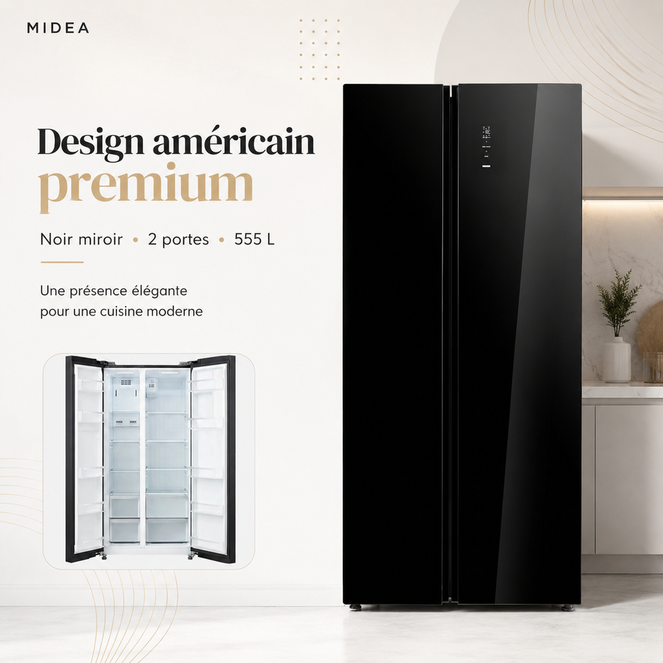 MIDEA Réfrigérateur Américain Side by Side 555 L Noir Miroir – Inverter Quattro – MDRS710FGF63