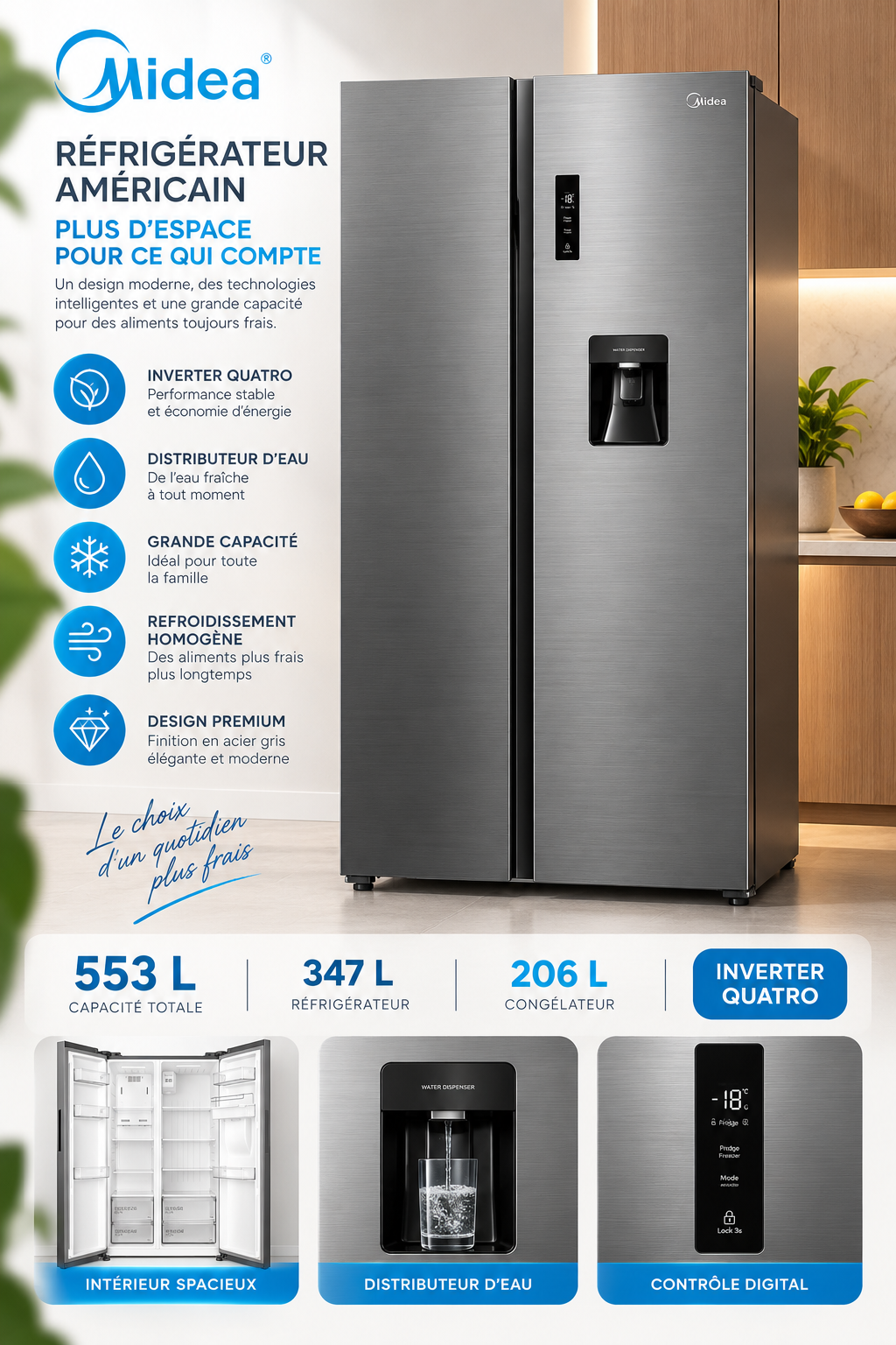 MIDEA Réfrigérateur Américain Side by Side 553 L Gris – Inverter Quattro avec Distributeur d’Eau – MDRS710FGF46D