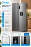 MIDEA Réfrigérateur Américain Side by Side 553 L Gris – Inverter Quattro avec Distributeur d’Eau – MDRS710FGF46D