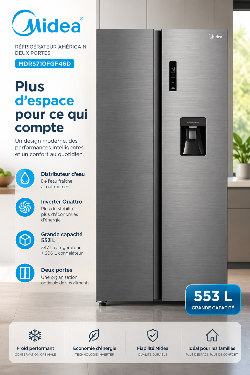 MIDEA Réfrigérateur Américain Side by Side 553 L Gris – Inverter Quattro avec Distributeur d’Eau – MDRS710FGF46D