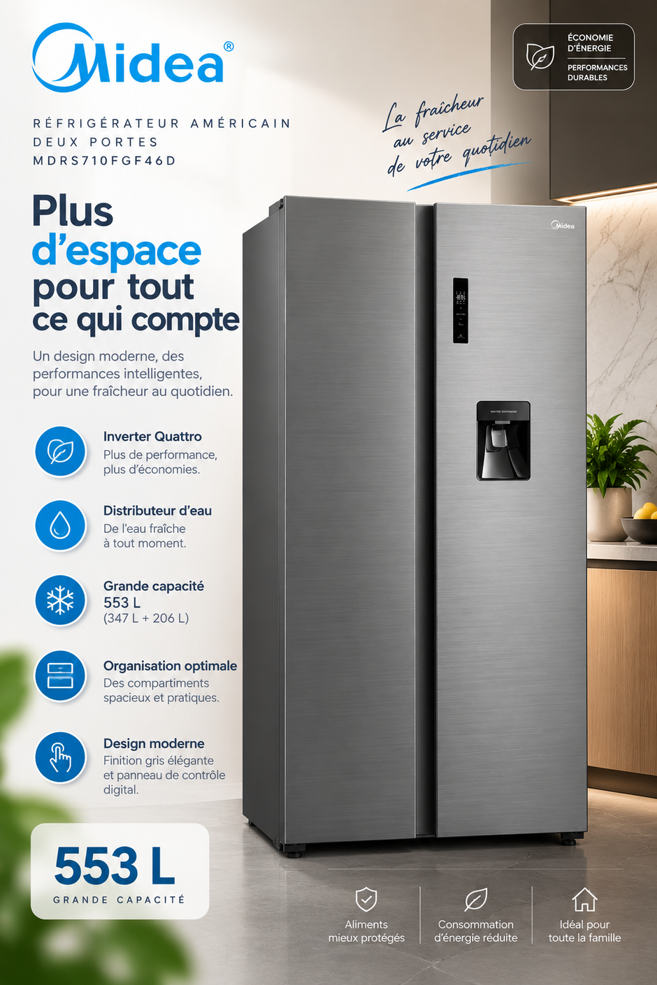 MIDEA Réfrigérateur Américain Side by Side 553 L Gris – Inverter Quattro avec Distributeur d’Eau – MDRS710FGF46D