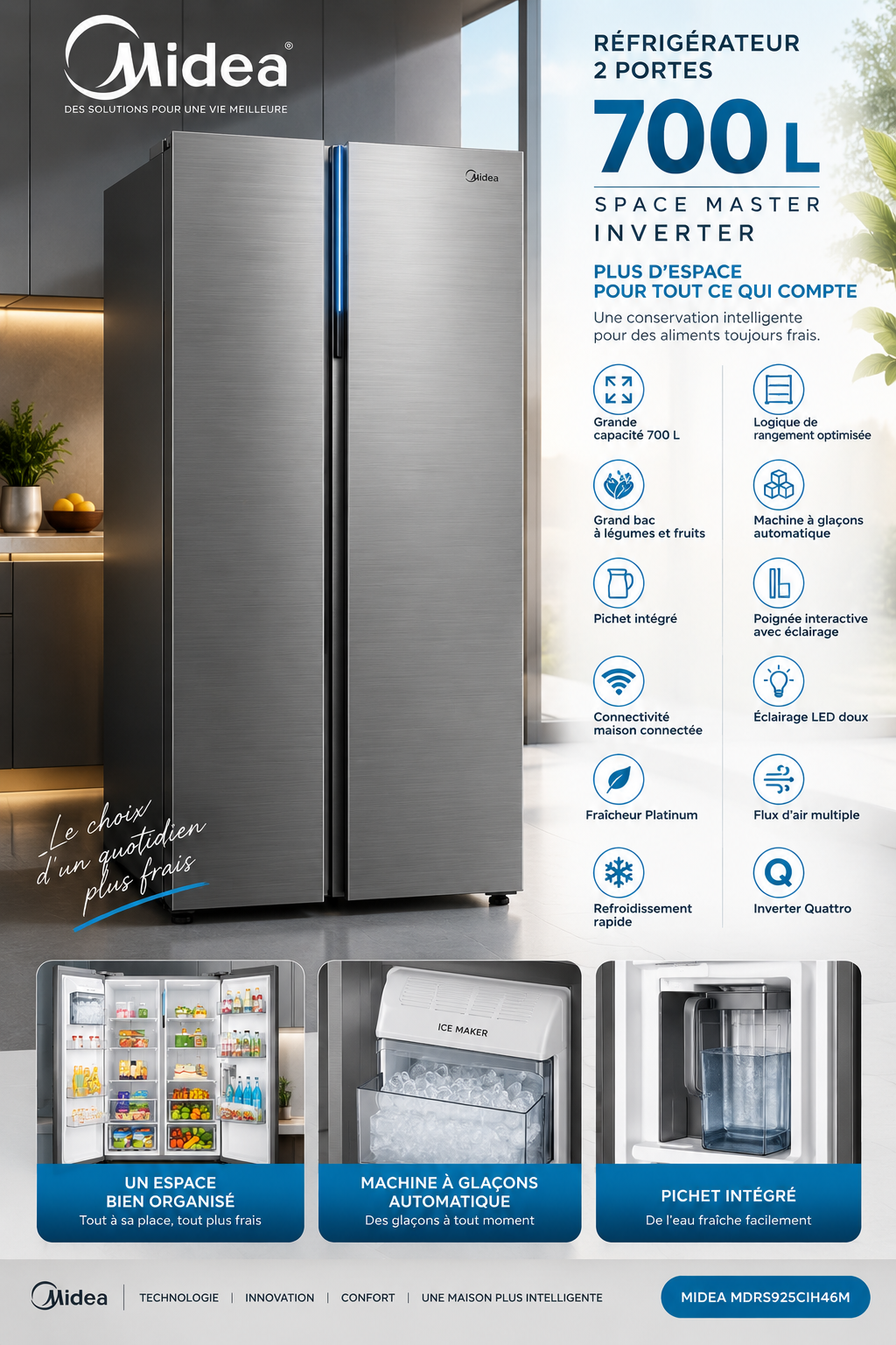 MIDEA Réfrigérateur Side by Side 700 L Space Master Inverter Quattro – Gris – MDRS925CIH46M