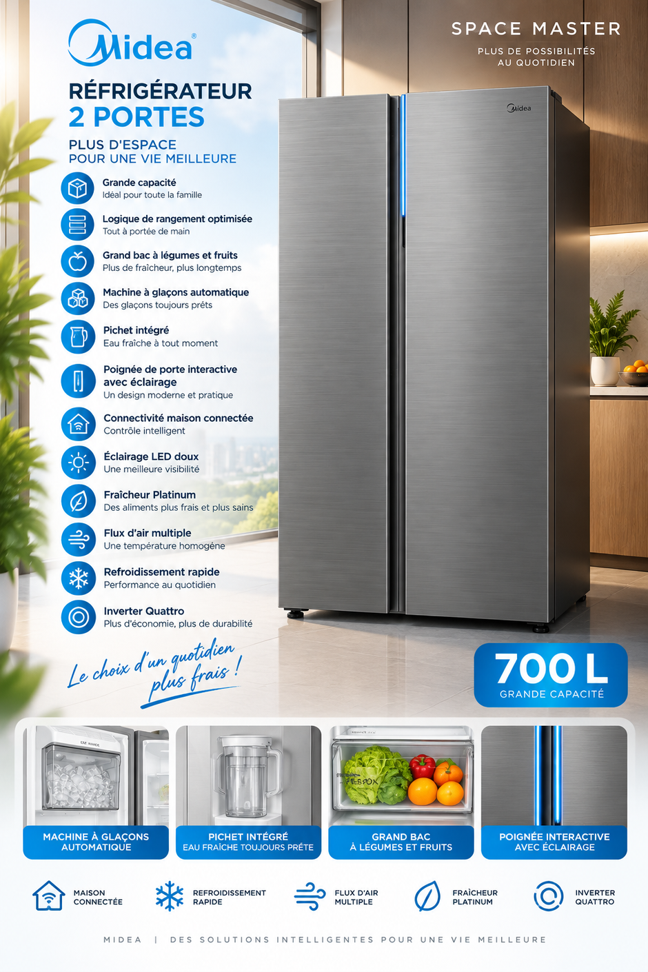 MIDEA Réfrigérateur Side by Side 700 L Space Master Inverter Quattro – Gris – MDRS925CIH46M