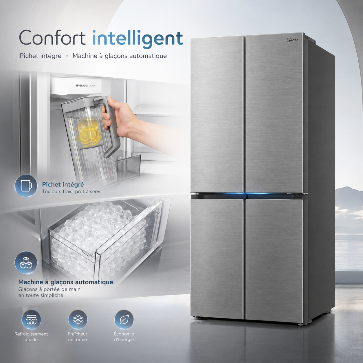 MIDEA Réfrigérateur 4 Portes 706 L Space Master Inverter Quattro – Gris – MDRM923CIH46M