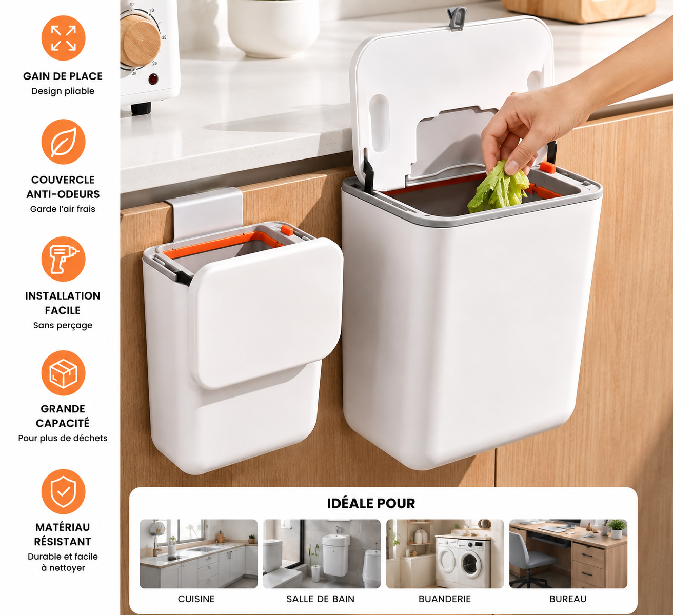 Poubelle Murale Pliable avec Couvercle – Gain de Place pour Cuisine et Salle de Bain