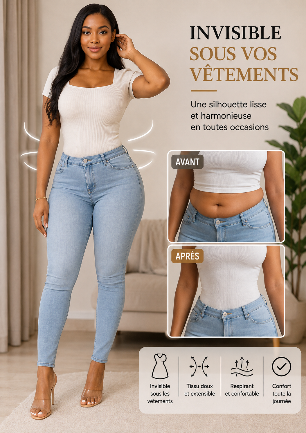 Gaine Sculptante Femme 360° – Ventre Plat, Taille Affinée & Effet Push-Up Fessier | Invisible Sous les Vêtements