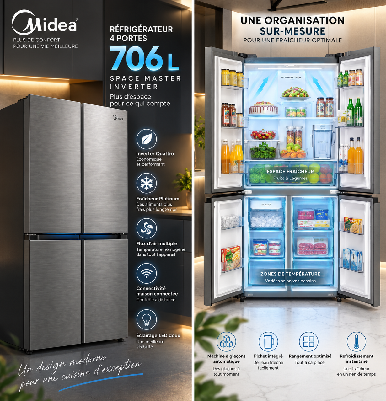 MIDEA Réfrigérateur 4 Portes 706 L Space Master Inverter Quattro – Gris – MDRM923CIH46M