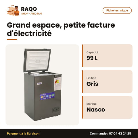 Vue de Profil du Congélateur horizontal NASCO 99 litres gris NASCF-150-LM 
