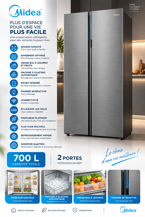Intérieur réfrigérateur Midea 700L Space Master