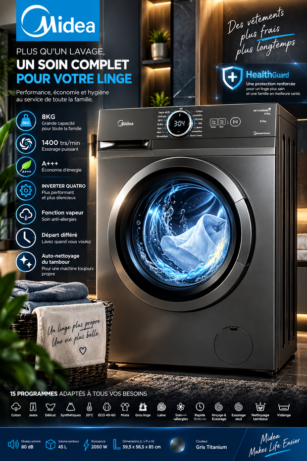 Machine à Laver Midea 8 kg Inverter HealthGuard – MF110W80B/T en action de lavage
