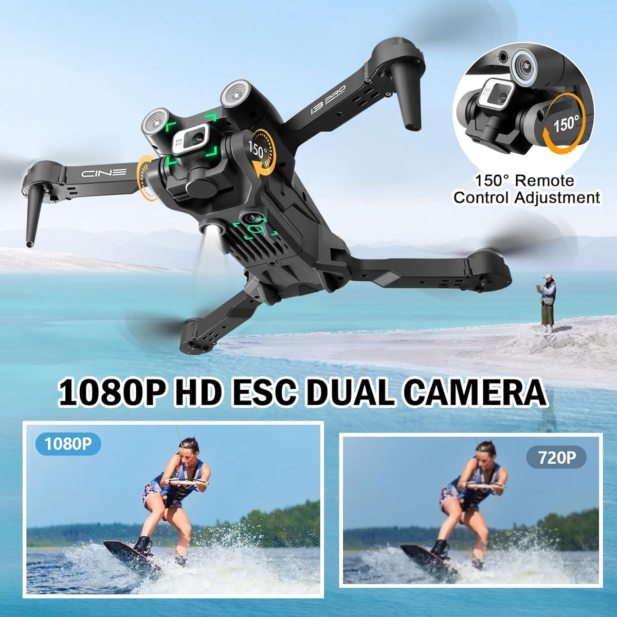 Mini Drone Pliable avec Caméra HD, Application & Sac 150° remote