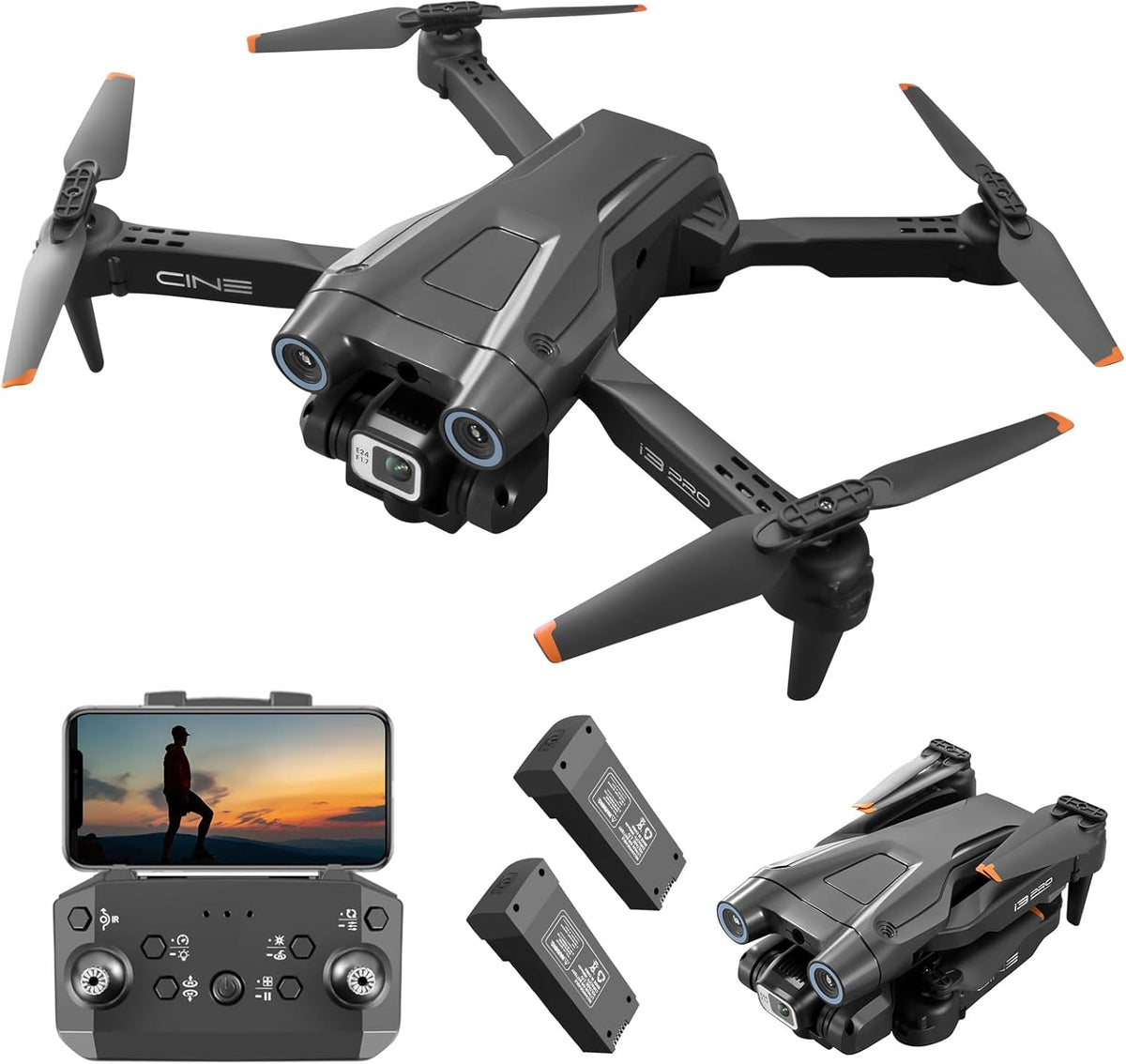 Mini Drone Pliable avec Caméra HD, Application & Sac vue de face