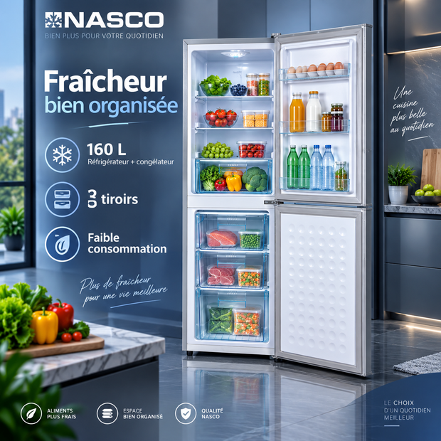 Réfrigérateur combiné NASCO 160L NASD2-243FL vue de l'intérieur