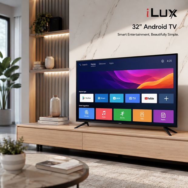 Smart TV iLUX 32 pouces installée dans un salon