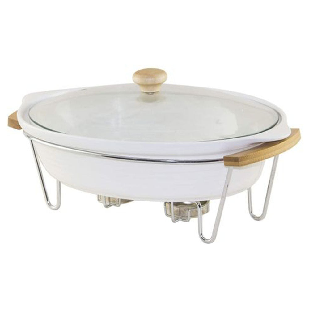 Soupière Ronde en Porcelaine avec Support Métal vue de profil