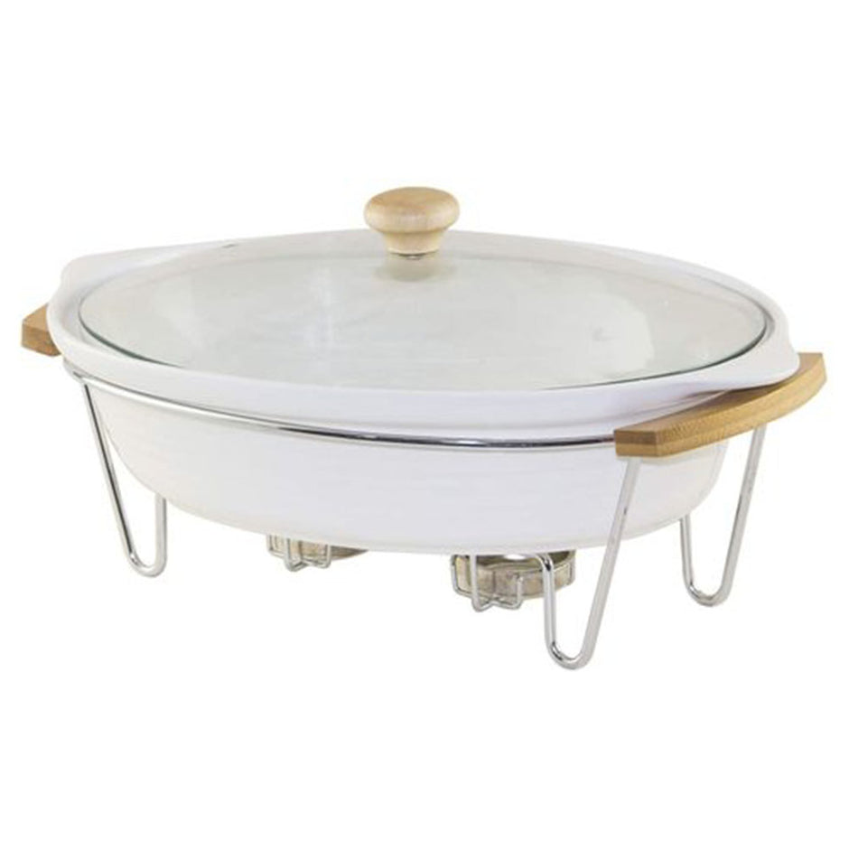 Soupière Ronde en Porcelaine avec Support Métal vue de profil