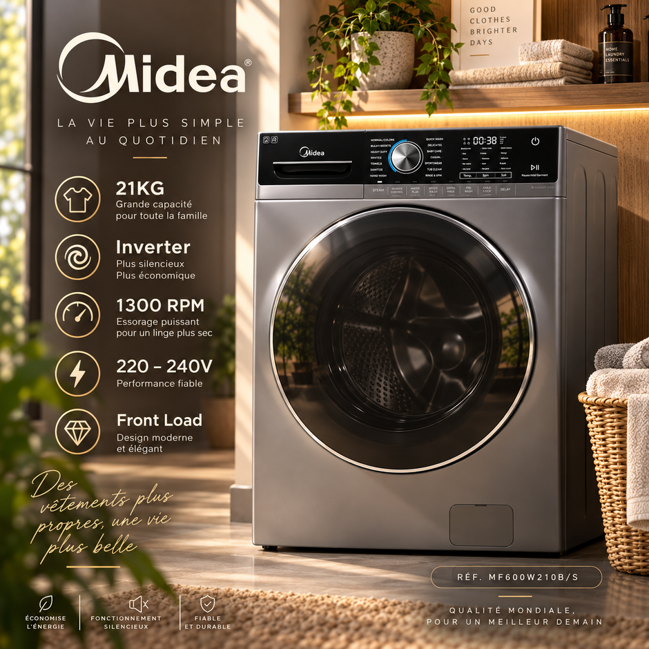 Machine à Laver Midea 21KG Front Load Inverter 1300 RPM – MF600W210B/S