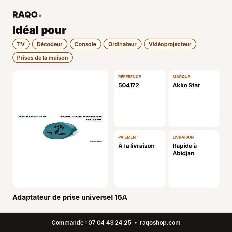 Adaptateur de prise universel 16A | Akko Star - RAQO