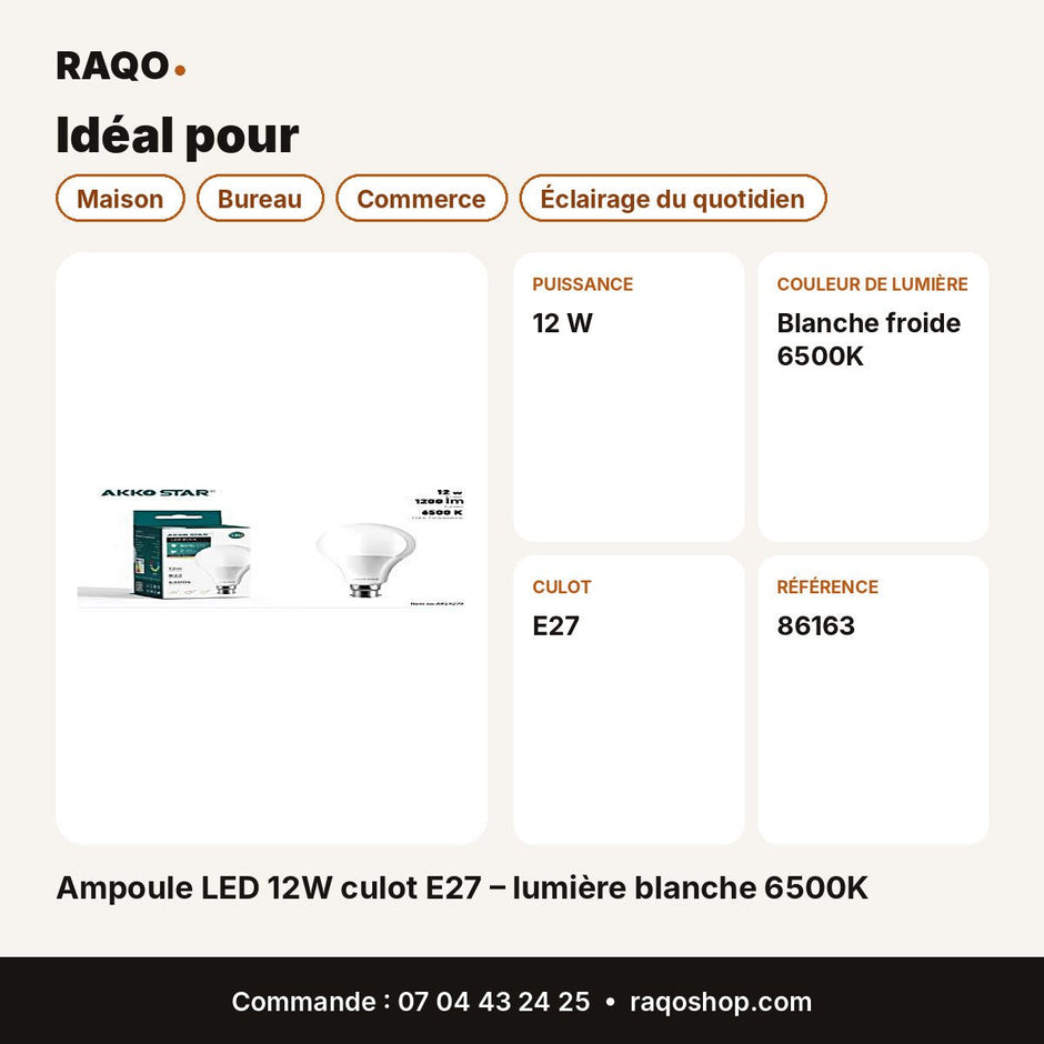 Ampoule LED 12W culot E27 – lumière blanche 6500K | Akko Star - RAQO