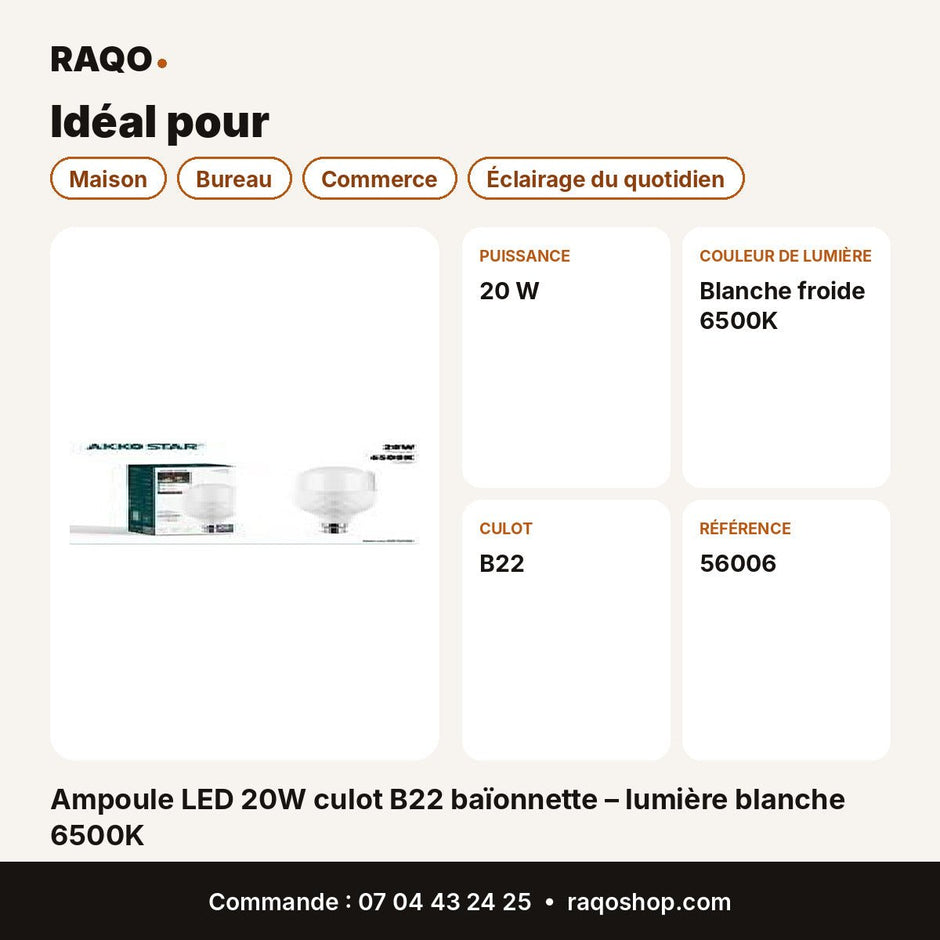 Ampoule LED 20W culot B22 baïonnette – lumière blanche 6500K | Akko Star - RAQO