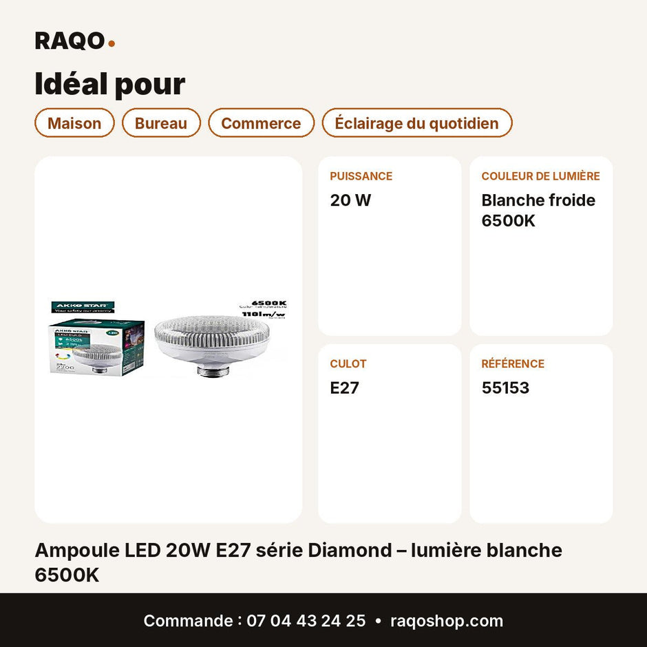 Ampoule LED 20W E27 série Diamond – lumière blanche 6500K | Akko Star - RAQO