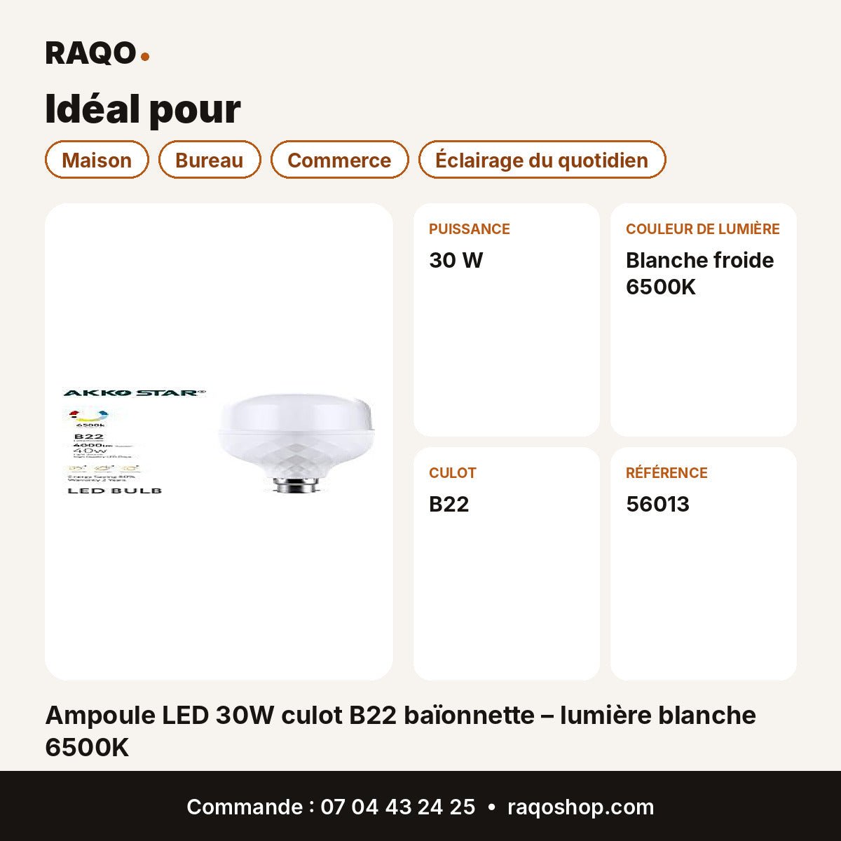 Ampoule LED 30W culot B22 baïonnette – lumière blanche 6500K | Akko Star - RAQO