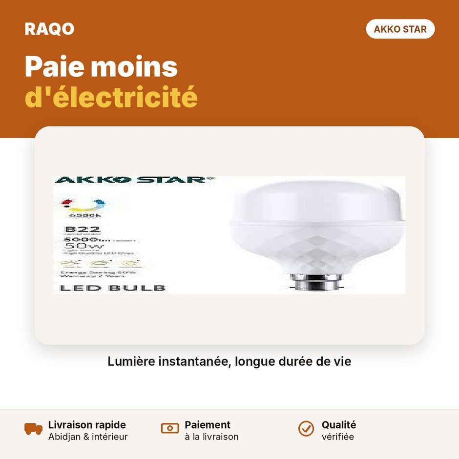 Ampoule LED 50W culot B22 baïonnette – lumière blanche 6500K | Akko Star - RAQO