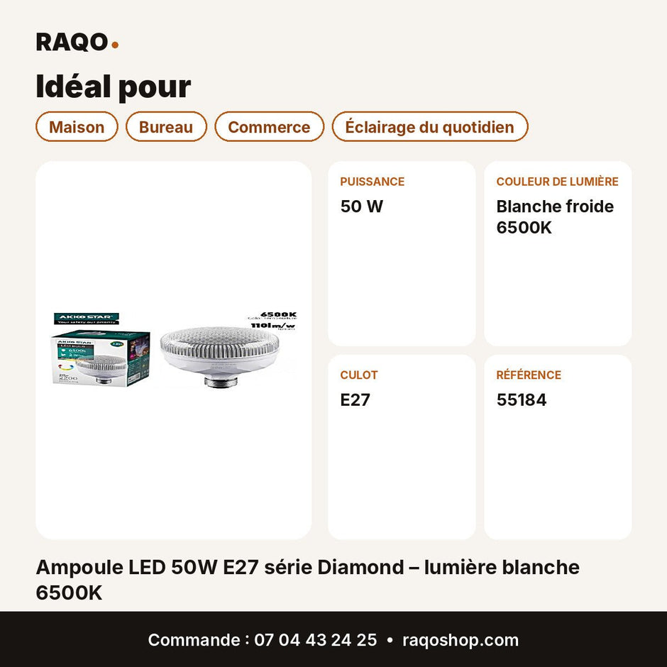 Ampoule LED 50W E27 série Diamond – lumière blanche 6500K | Akko Star - RAQO