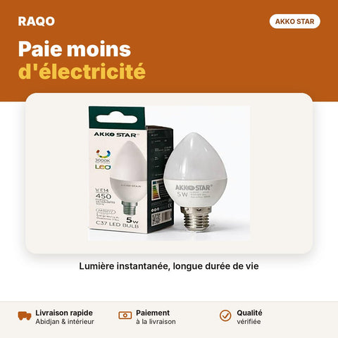 Ampoule LED flamme C37 5W E14 – lumière blanche 6500K | Akko Star - RAQO