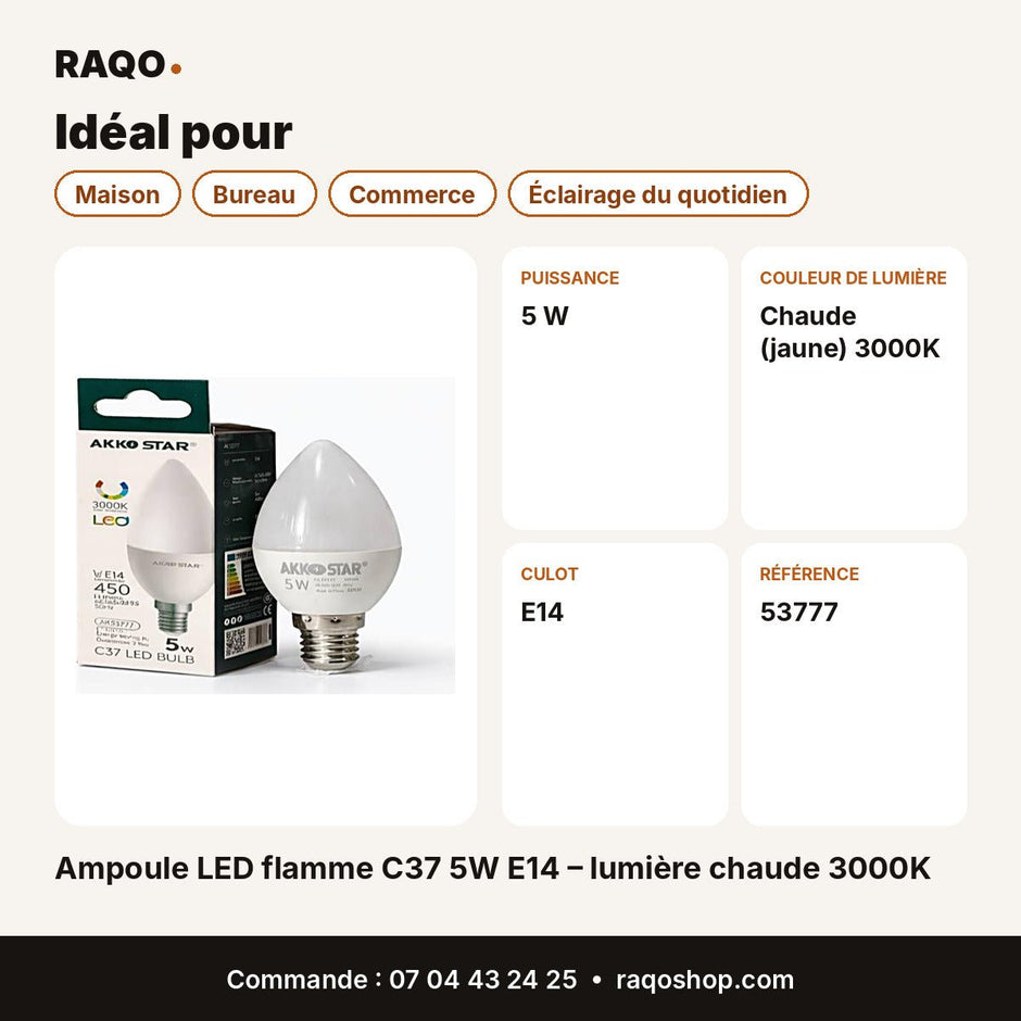 Ampoule LED flamme C37 5W E14 – lumière chaude 3000K | Akko Star - RAQO
