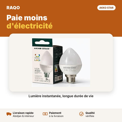 Ampoule LED flamme C37 5W E14 – lumière chaude 3000K | Akko Star - RAQO
