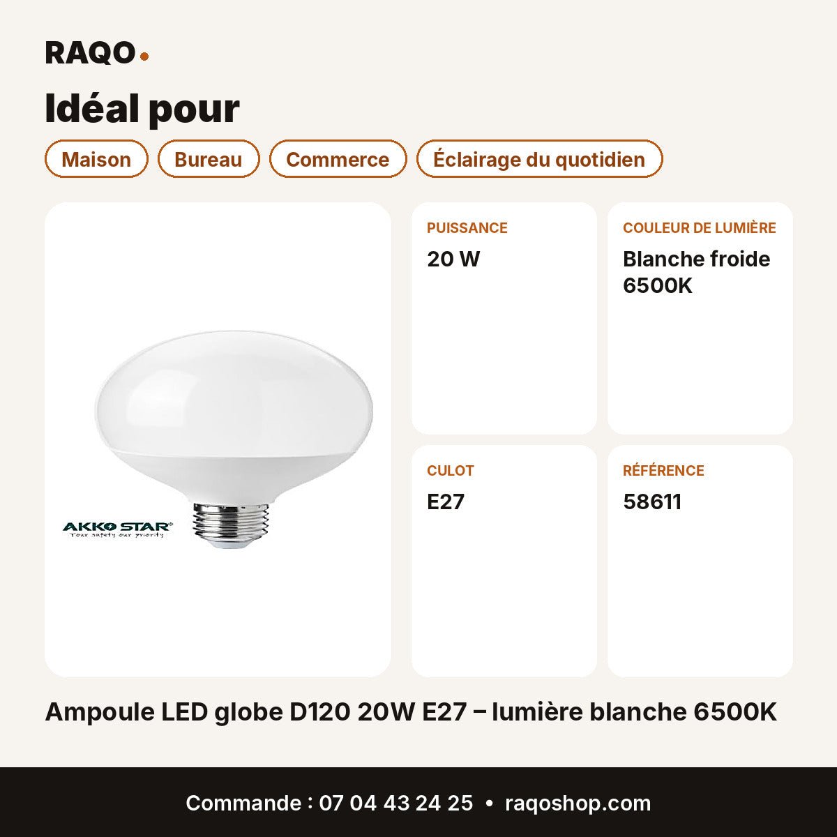 Ampoule LED globe D120 20W E27 – lumière blanche 6500K | Akko Star - RAQO