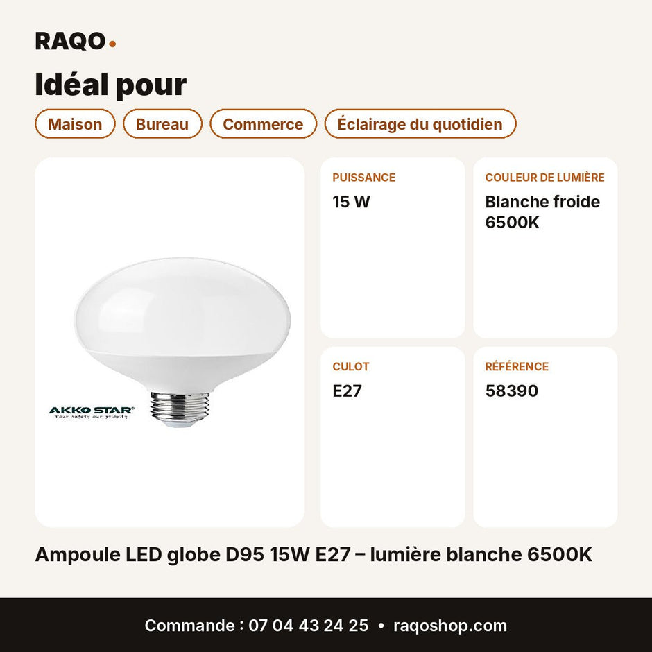 Ampoule LED globe D95 15W E27 – lumière blanche 6500K | Akko Star - RAQO