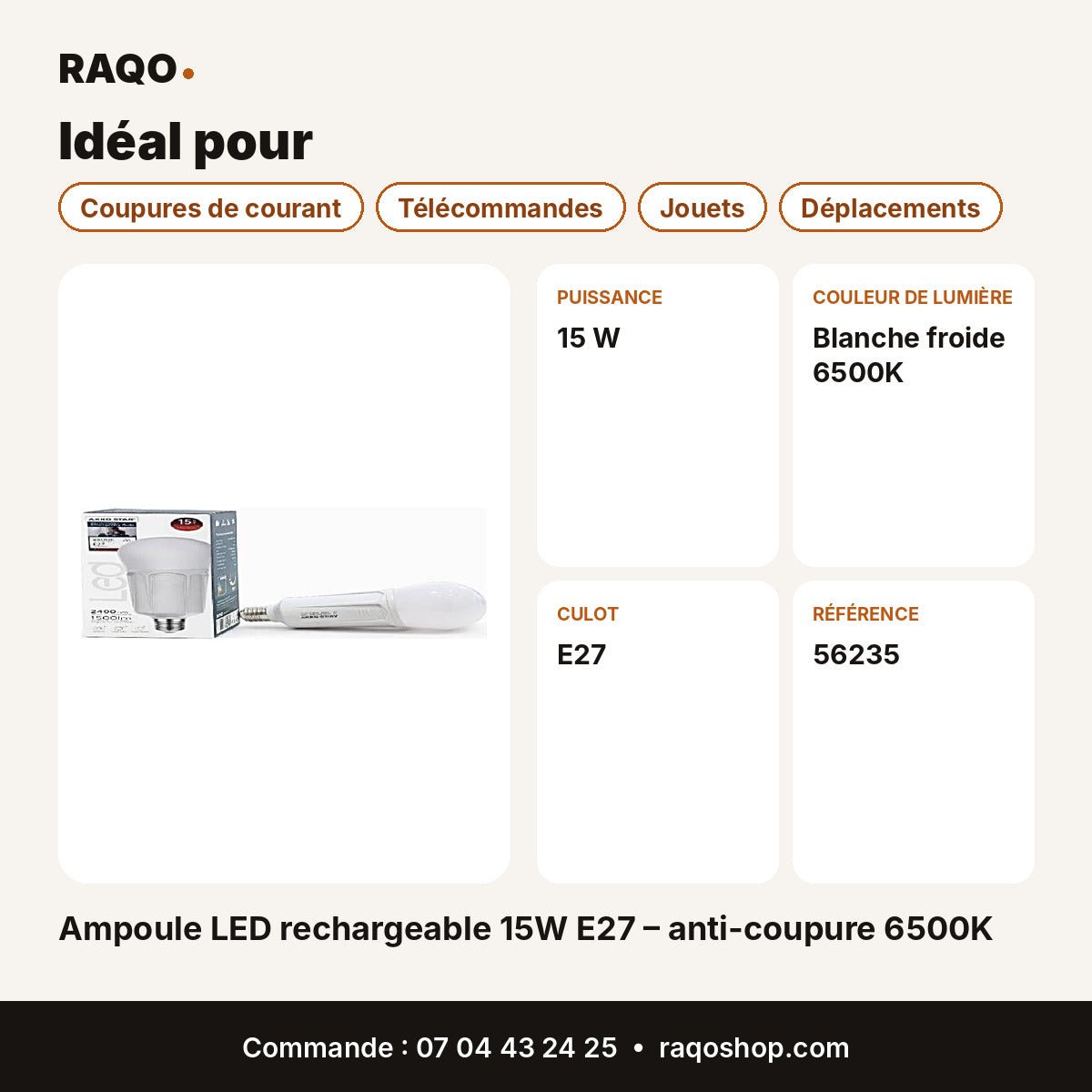 Ampoule LED rechargeable 15W E27 – anti-coupure 6500K | Akko Star - RAQO