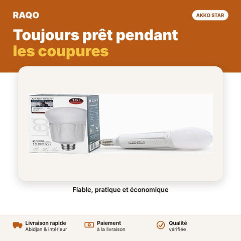 Ampoule LED rechargeable 15W E27 – anti-coupure 6500K | Akko Star - RAQO