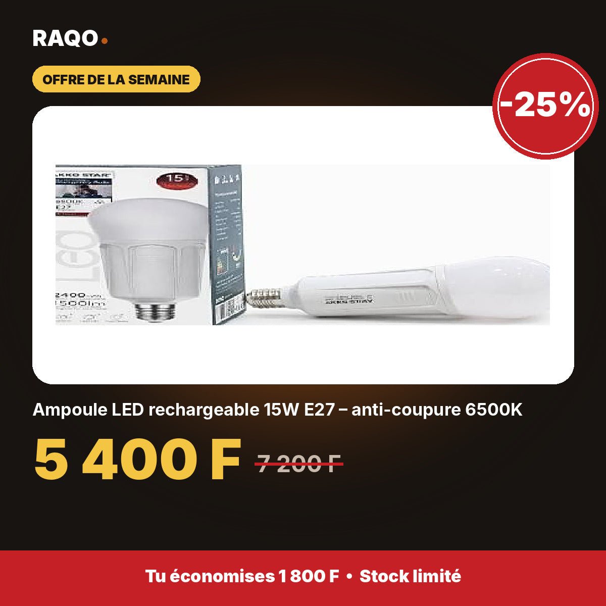 Ampoule LED rechargeable 15W E27 – anti-coupure 6500K | Akko Star - RAQO
