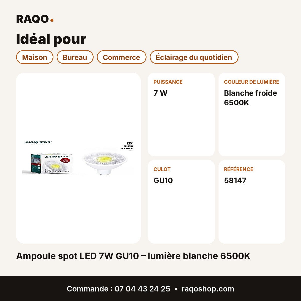 Ampoule spot LED 7W GU10 – lumière blanche 6500K | Akko Star - RAQO