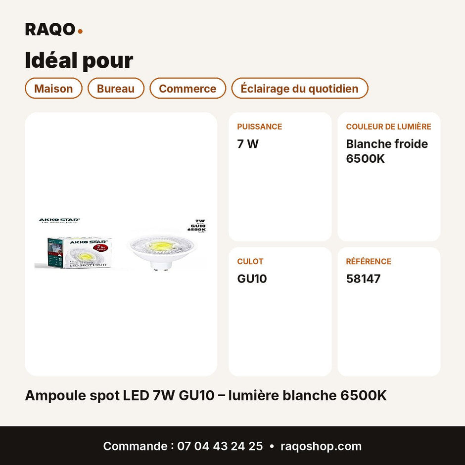 Ampoule spot LED 7W GU10 – lumière blanche 6500K | Akko Star - RAQO