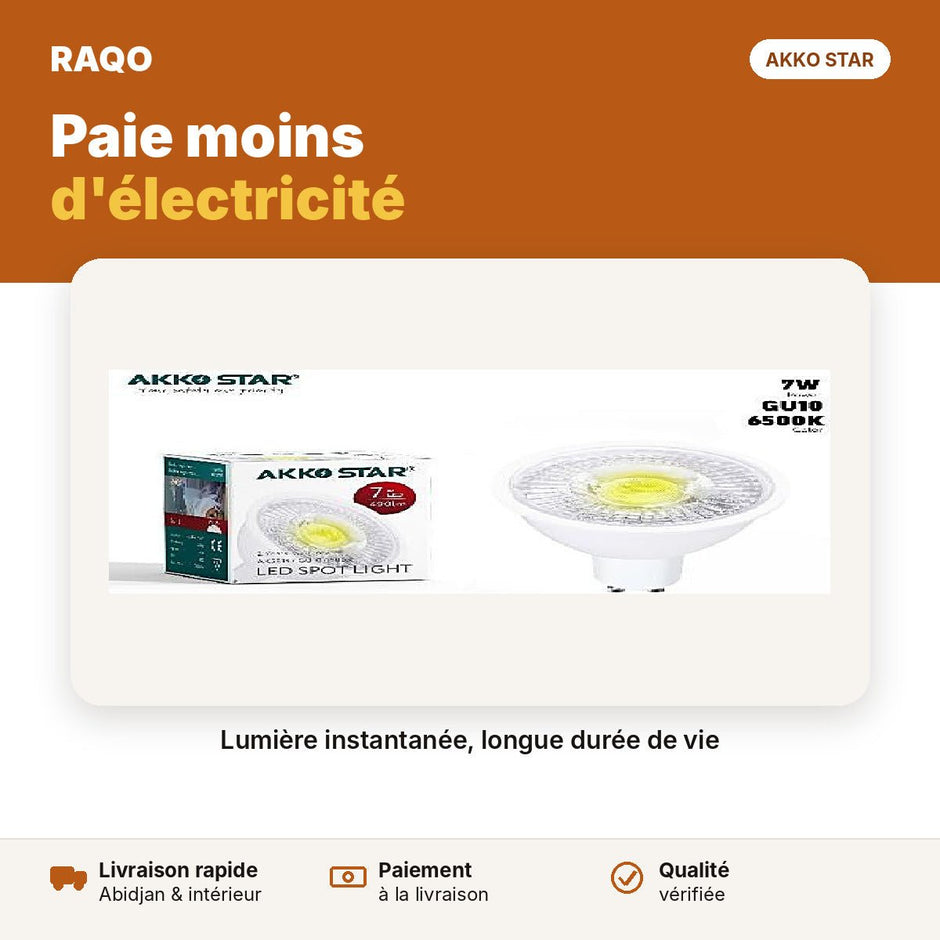 Ampoule spot LED 7W GU10 – lumière blanche 6500K | Akko Star - RAQO