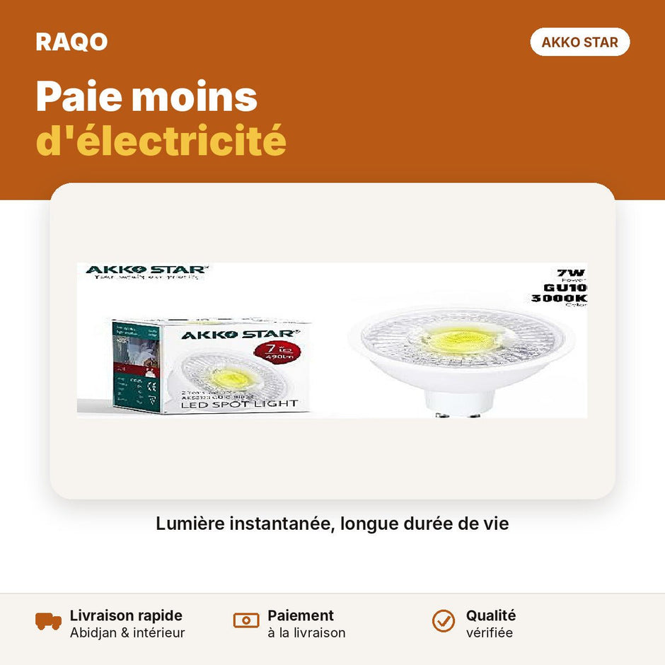 Ampoule spot LED 7W GU10 – lumière chaude 3000K | Akko Star - RAQO