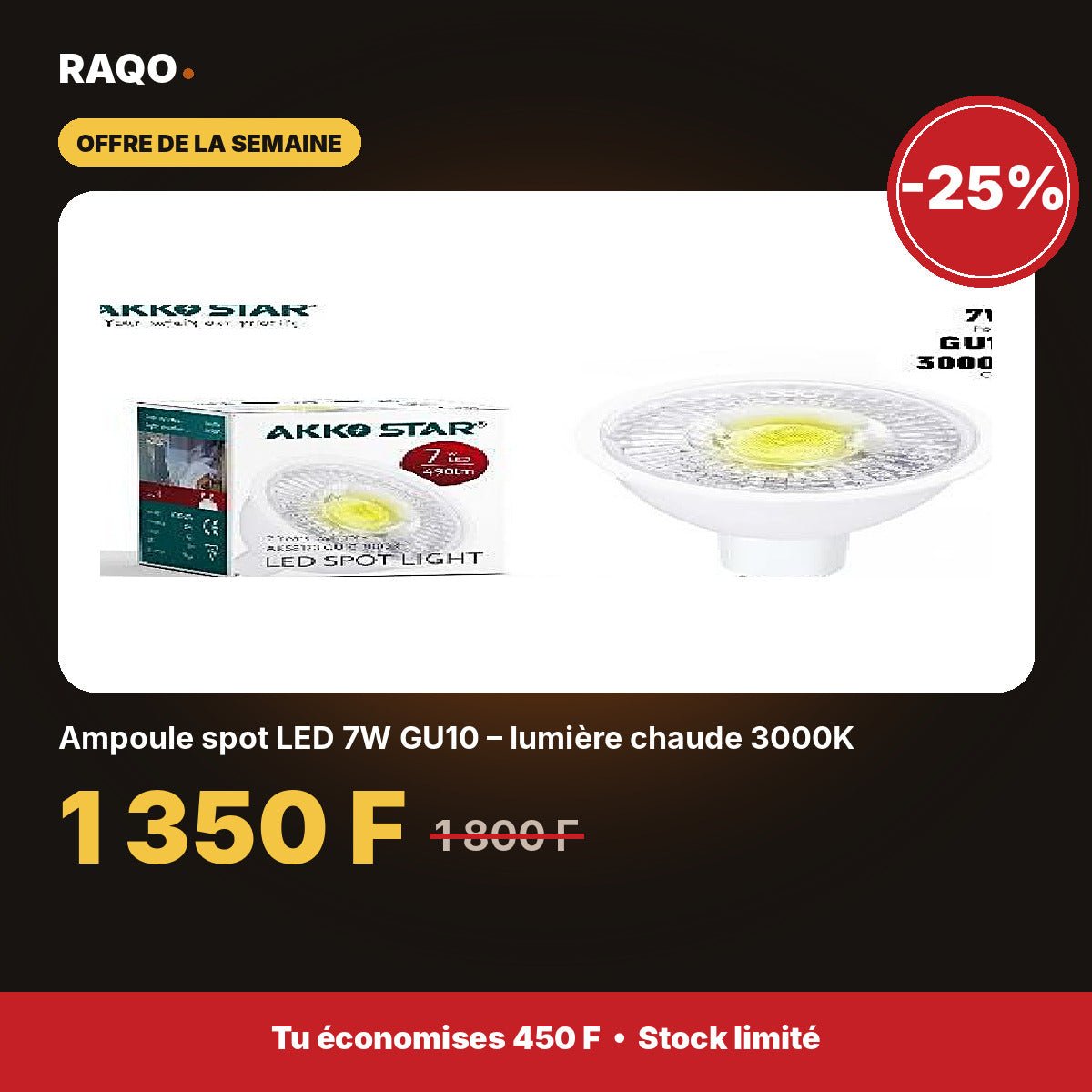 Ampoule spot LED 7W GU10 – lumière chaude 3000K | Akko Star - RAQO