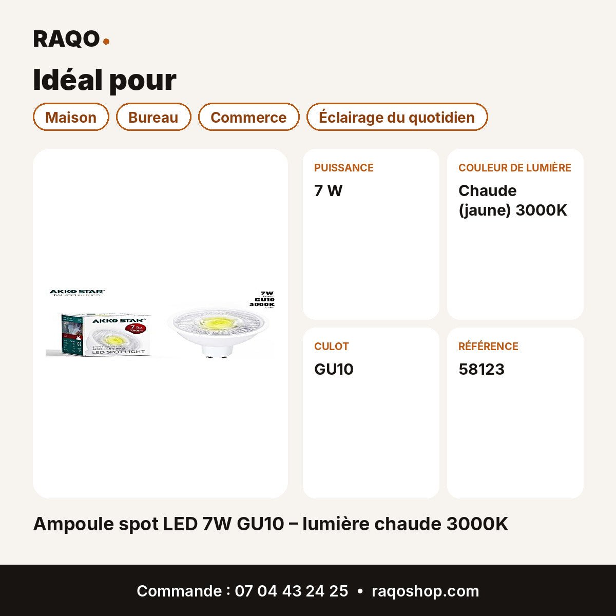 Ampoule spot LED 7W GU10 – lumière chaude 3000K | Akko Star - RAQO