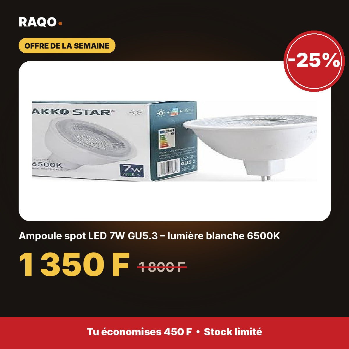 Ampoule spot LED 7W GU5.3 – lumière blanche 6500K | Akko Star - RAQO