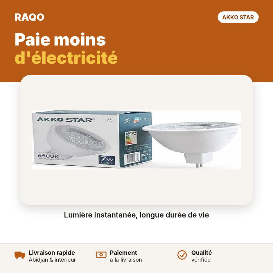 Ampoule spot LED 7W GU5.3 – lumière blanche 6500K | Akko Star - RAQO